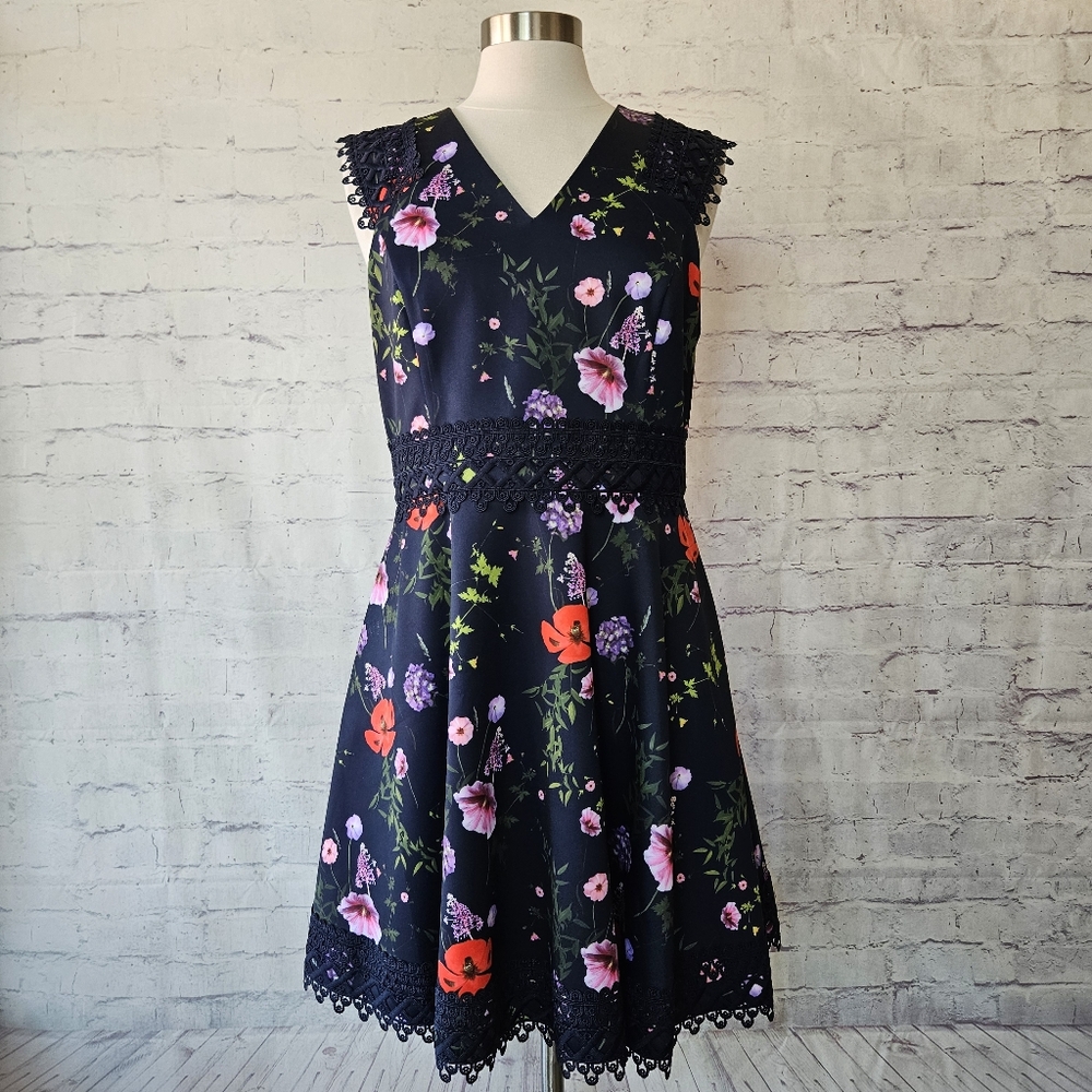 Ted Baker Navy Hedgerow Floral Mayo A-Line Sleeveless Dress Ted Size 4 US 10